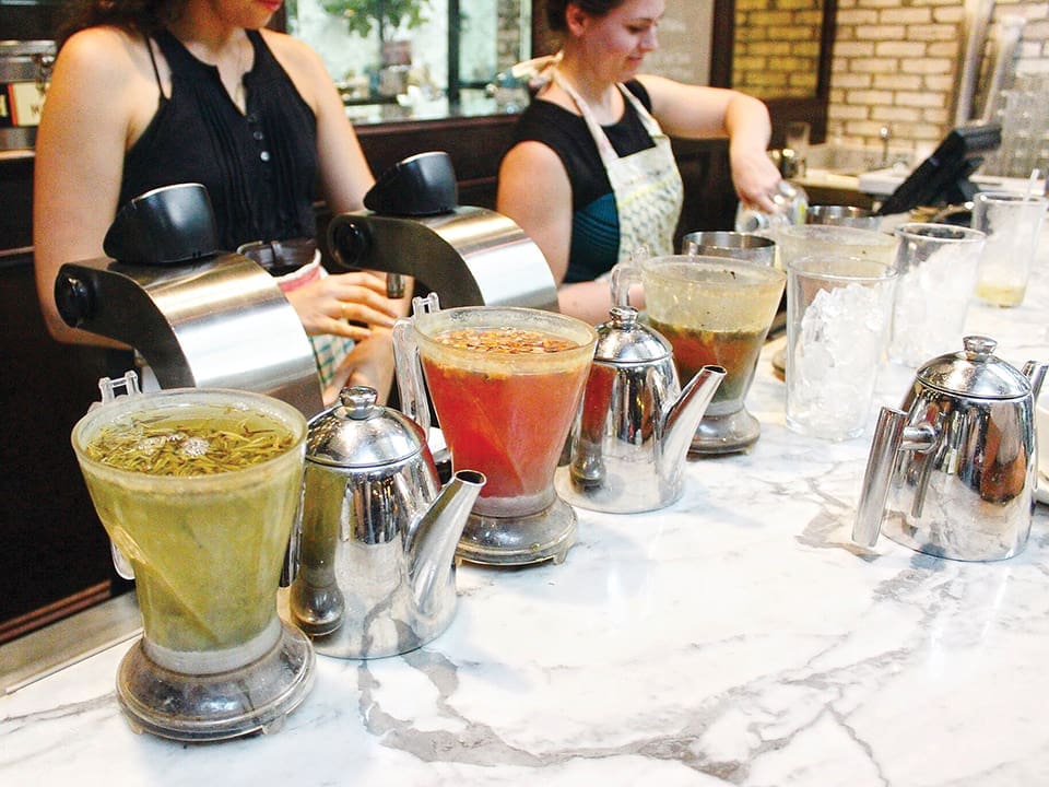 Teas steeping at Oxford Exchange location; Photograph Tebella tea company
