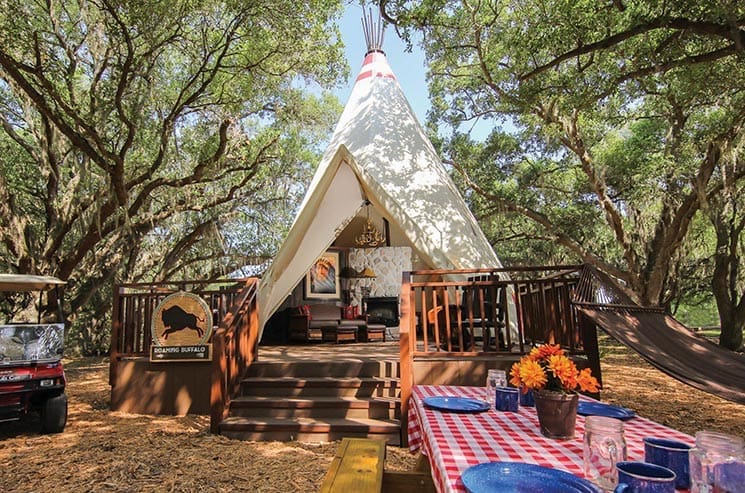 akoda Village, a group of luxe teepees beneath 100-year-old oak trees; Photography by Westgate Resorts