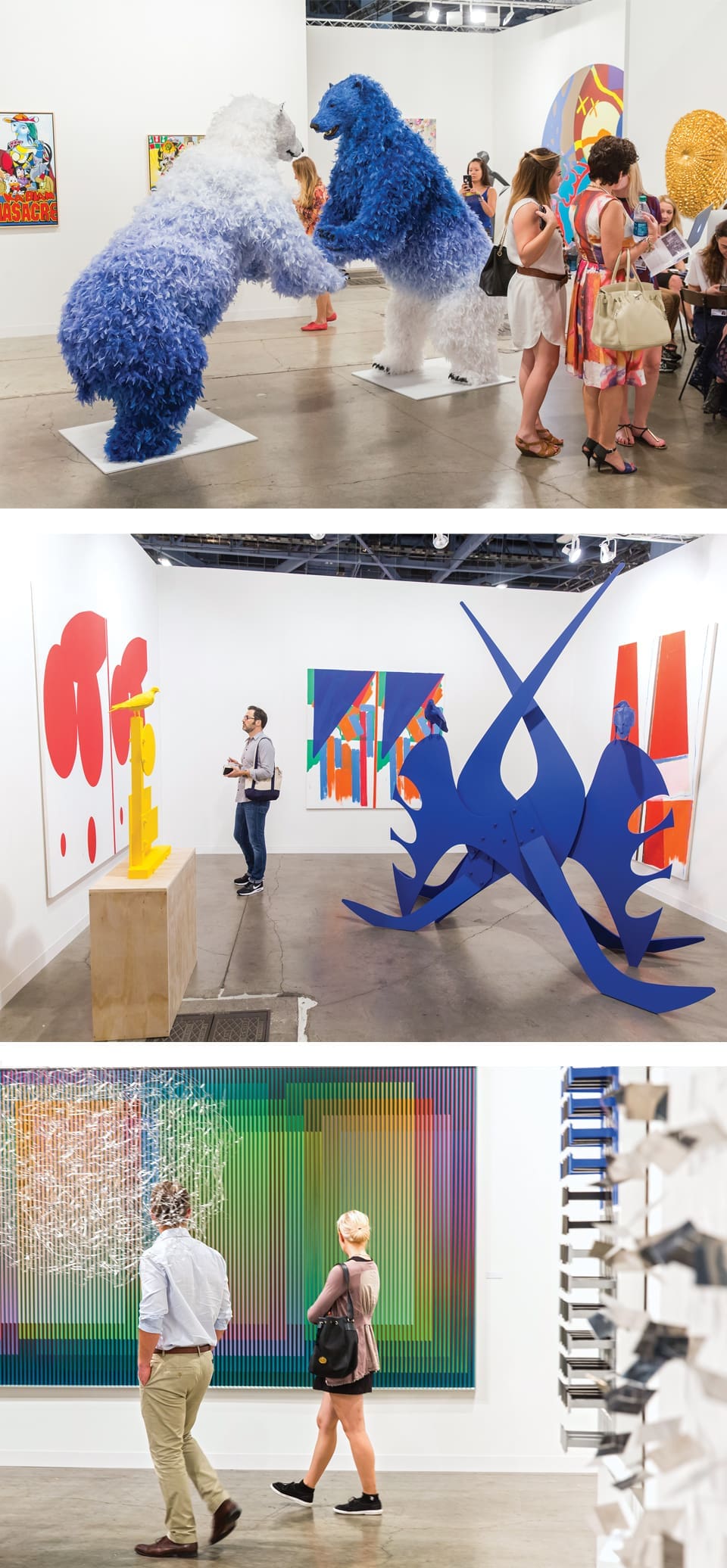Bears by Paola Pivi at Galerie Perrotin; Fairgoers perusing works inside galleries at the Miami Beach Convention Center. Photography by Art Basel