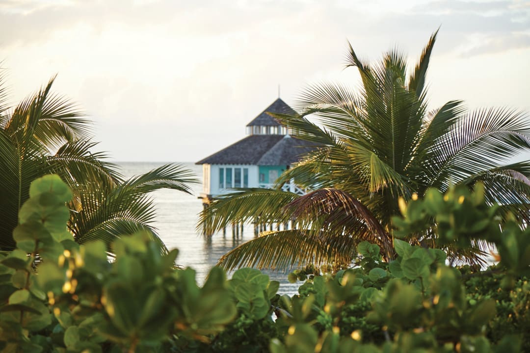 A home rests on stilts above the water. In the foreground, tropical foliage frames the home in the background.