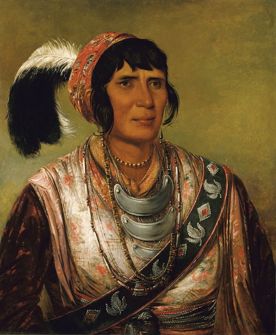 The portrait of Osceola is in color and features him wearing a feather and jewelry.
