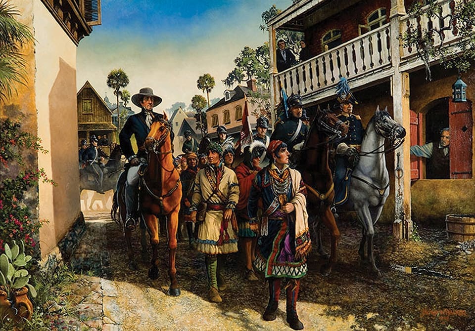 In this painting, white men on horses seem to move a captured Osceola through the town. Other Native Americans are painted and follow behind Osceola. 