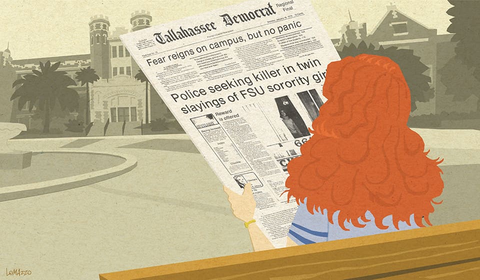How Ted Bundy Ended Our Innocence 1 Diane reading the Tally Democrat, Illustration by Stephen Lomazzo