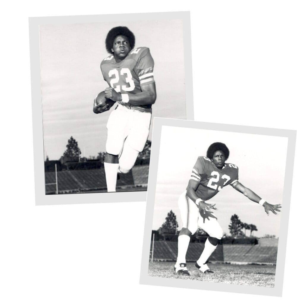 The Black Football Players Who Changed the Game Forever 5 Pictures of Leonard George. He is in his uniform and number 23. He wears his hair in an afro.