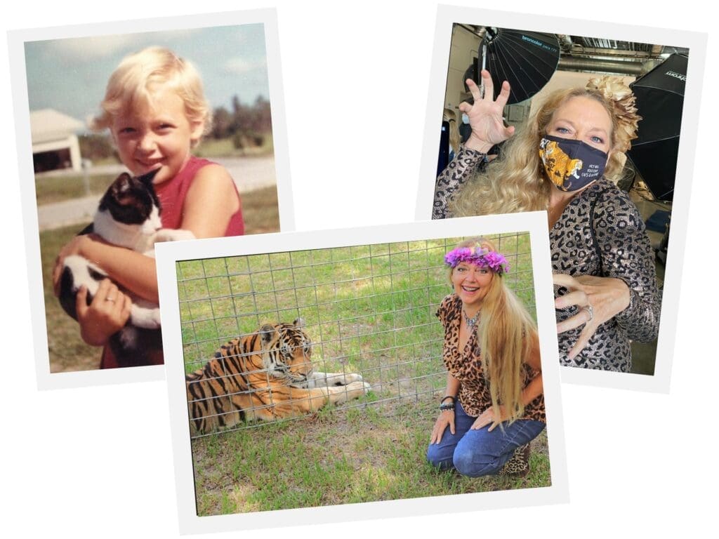 Carole Baskin on How Tiger King Got it All Wrong and Her Hopes for 2021 2 A collage of Carole Baskin as a child with her cat, as an adult with a tiger and posing while wearing a face mask.