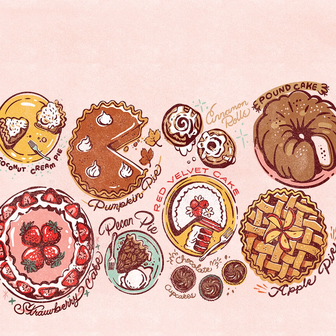 An illustrated spread of baked goods.