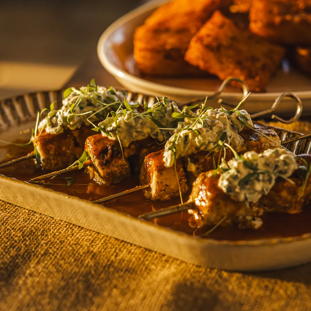 Chef Clay Conley Brings Family and Flavor to Gainesville With Stoke 9 Shawarma marinated skewers.