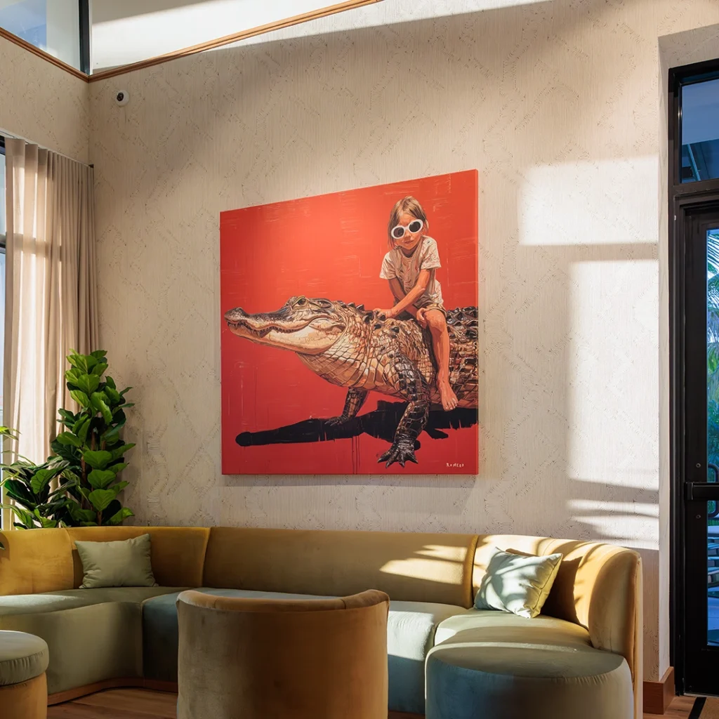 painting of a girl riding an alligator